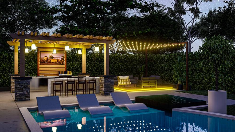 An artist’s 3D render of a backyard bar design concept.