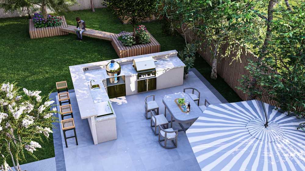 An interior designer utilizes 3D rendering to picture a client’s outdoor kitchen island design idea with XO appliances.