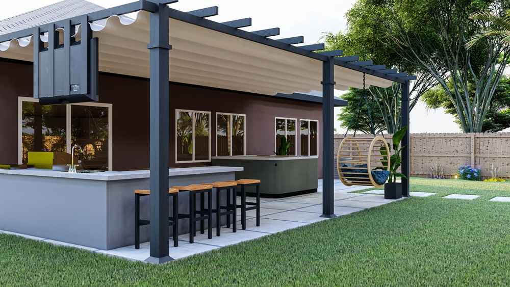 A beautiful designer’s 3D mock up of an outdoor cooking area showcasing the L-shape counter.