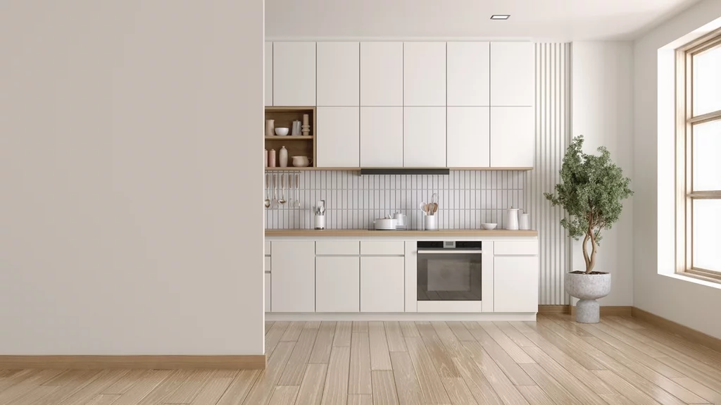 A modern kitchen with a ductless range.